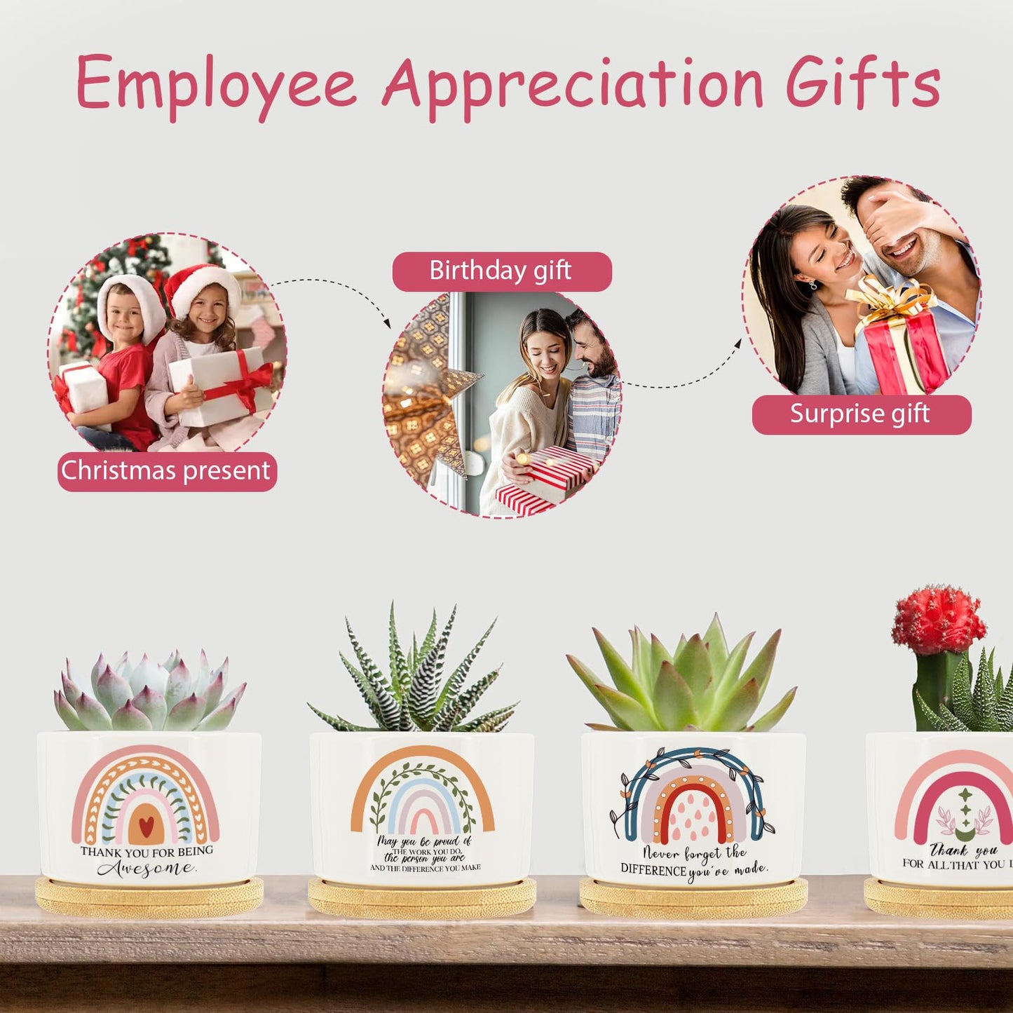 Tarklanda 6Pcs Thank You Teacher Gift Rainbow Succulent Plant Pots Mini Ceramic with Bamboo Tray Flower Pot Planters for Colleague Employee Friend Appreciation Thanksgiving, Plants Not Included