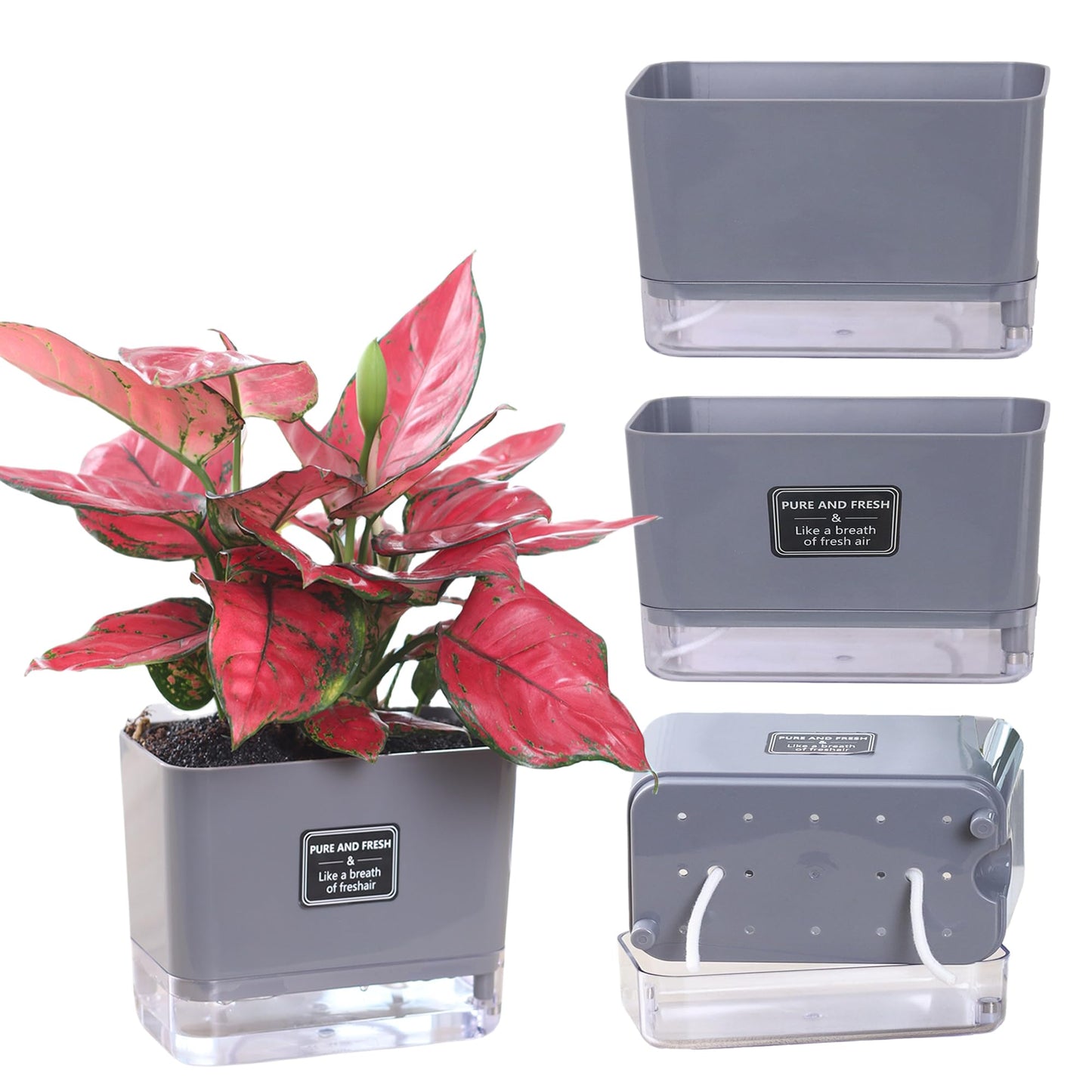 FAMZ Self Watering Pots for Outdoor Plants 4 Pack, Suitable for Indoor and Outdoor Garden Plants and Flowers, Rectangle Planter Box, African Violet Pots, Plant pots, Small Planter (7" Gray)
