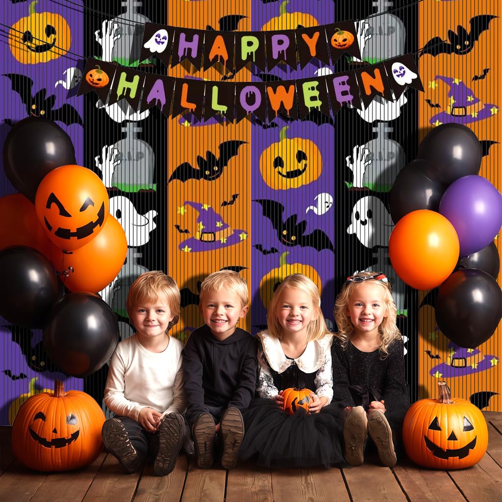 OQOQ Halloween Party Decorations Backdrops, 2 Pcs 3.3x6.6 Ft Tinsel Foil Fringe Curtains & 1 Pcs Happy Halloween Banner, Streamer Large Photo Booth Props Indoor Party Decor