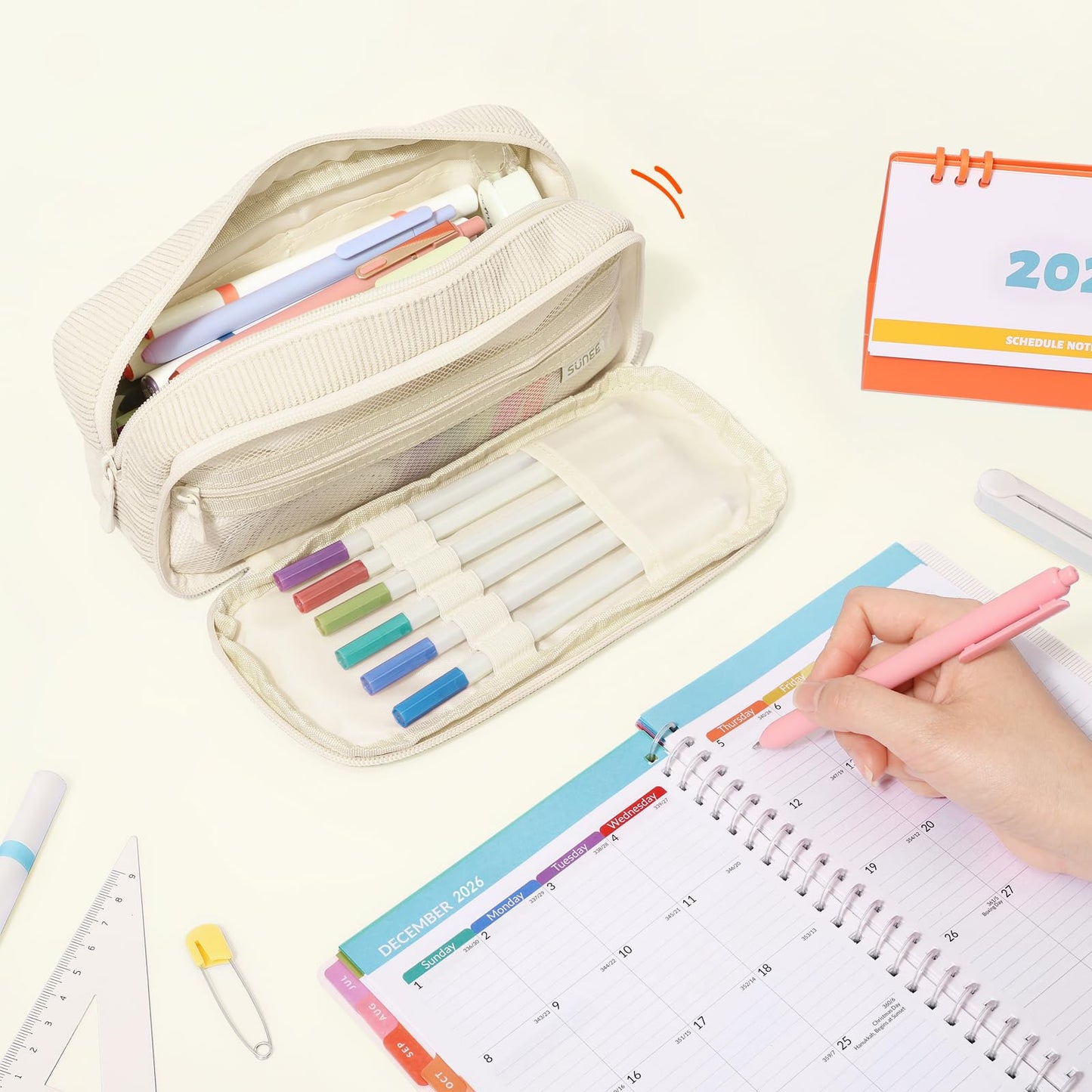 SUNEE Pencil Case, Large Capacity Pencil Pouch, Aesthetic Big Pen Bag, Soft Corduroy Fabric Pen Box for Office Stationery Organizer School Supplies Multifunctional for Teen Boys Girls Women Men, Cream