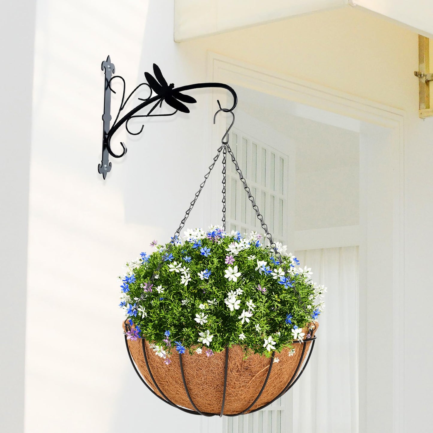 HKZ Hanging Basket Planter Plants Outdoor - 4 Pack 10 Inch Metal Hanging Planter with Coco Liners, Chain Hook Hanging Flower Pots for Indoor Outdoor Garden Porch Decoration
