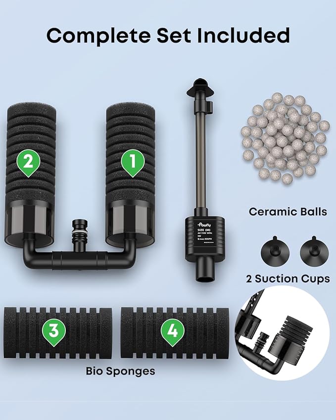 Pawfly Aquarium Sponge Filter, 5 W Submersible Small Aquarium Filter, 80 GPH Fish Tank Filter with Water Pump, Ceramic Balls & Double Foams, Quiet Bio Sponge Filter for 15-55 Gallon Tanks
