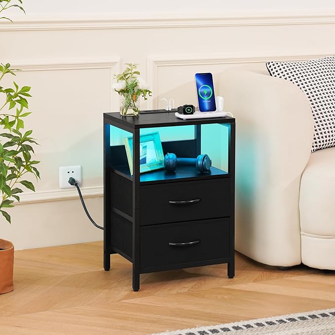 Yoobure Nightstand with Charging Station, LED Night Stand with Fabric Drawers