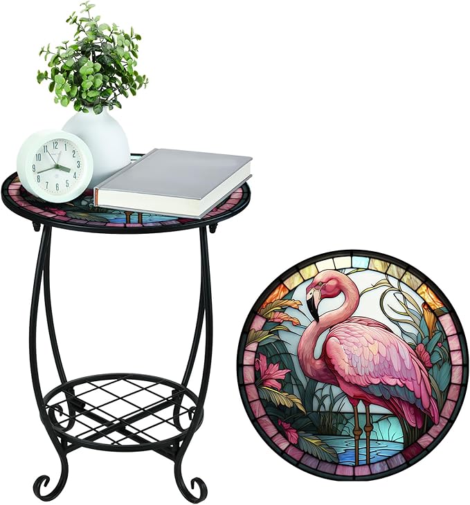 Cinnvoice Outdoor Side Table Round Small Mosaic Patio Accent Indoor End Plant