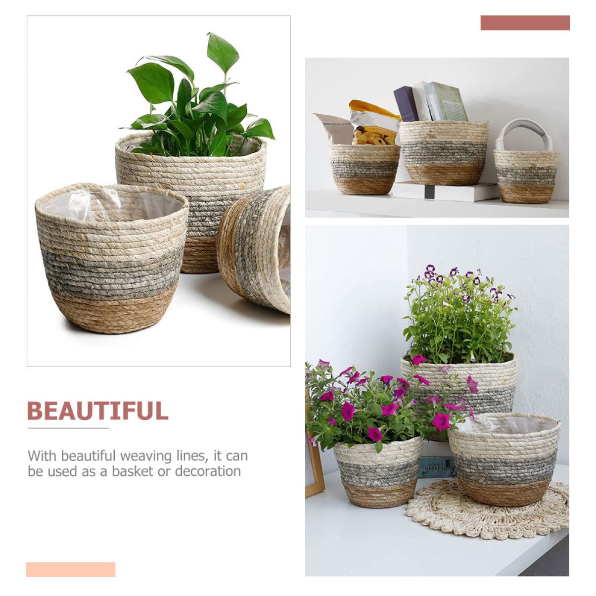 UKCOCO 2Pcs Multi Purpose Woven Flower Seagrass Plant Pots for Decor Delicate Floral Planters for Balcony Garden