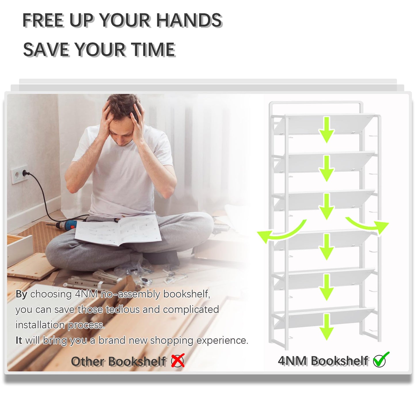 4NM No Assembly 6 Tiers Folding Bookshelf Storage Shelves Vintage Bookcase Standing Racks Study Organizer Home Office (All White)