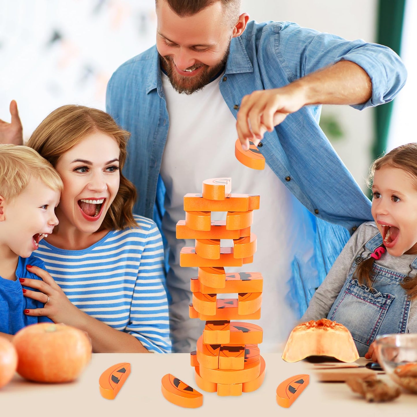 COCHIE Halloween Game for Family Adults, Wooden J-O-Lantern Blocks Stacking Tower Games, Tumbling Tower Balancing Pumpkin Blocks Halloween Party Game Activities Gifts (Pumpkins)