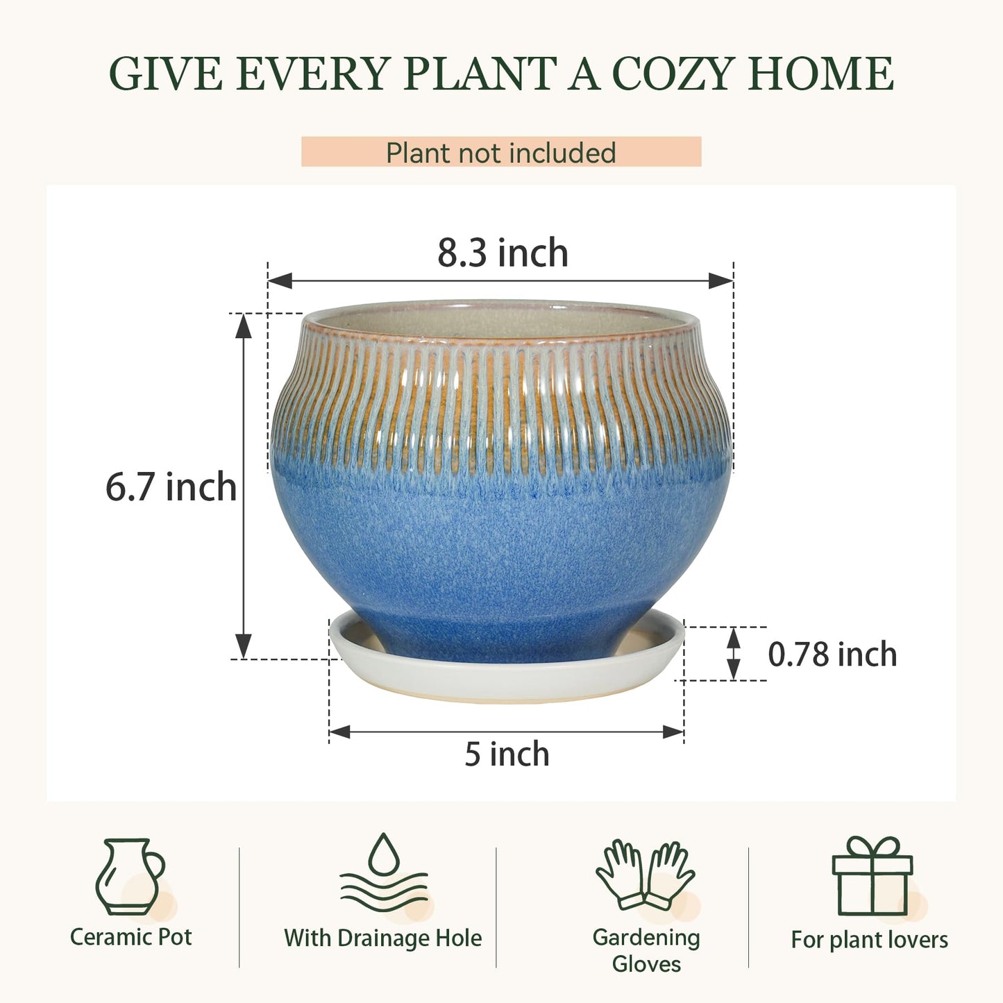 SAFIOROIS 8.3 Inch Modern Ceramic Plant Pot with Drainage Hole and Mesh Net, Indoor Outdoor Planter with Saucer & Gardening Glove, Pots for Succulents, Flowers, Large Plants, Blue