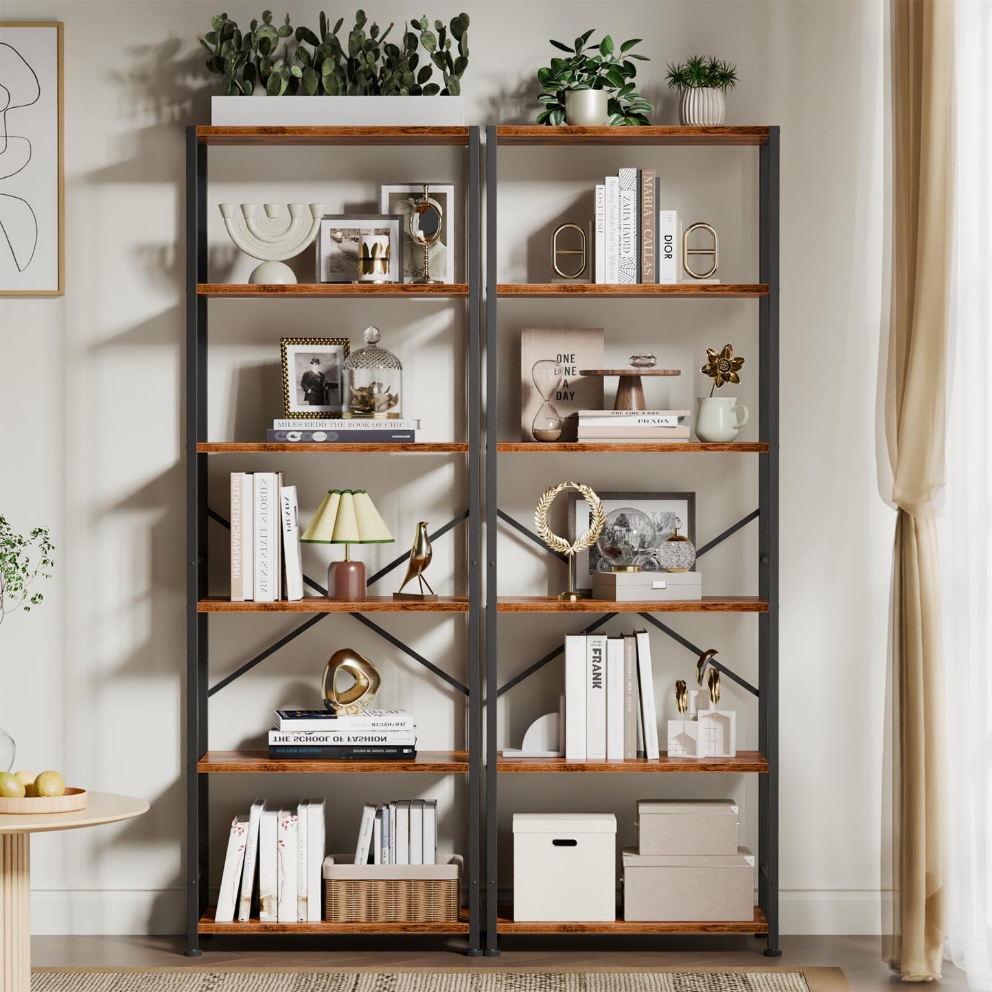Furologee 6 Tier Book Shelf, Tall Wide Bookshelf, Industrial Open Bookcase, Display Shelves Storage Organizer, Shelving Unit for Living Room, Home Office, Bedroom, Rustic Brown