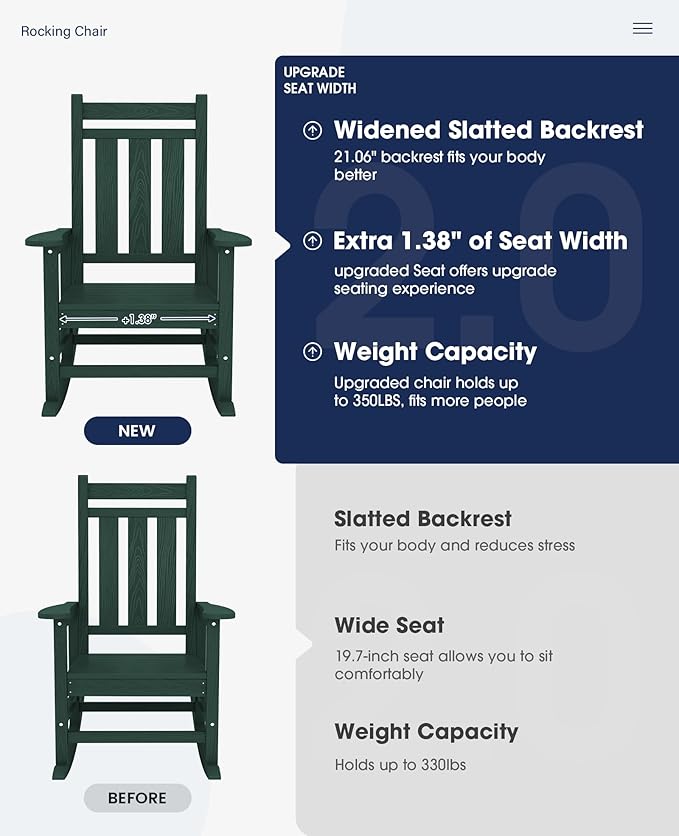 KINGYES Oversized Outdoor Rocking Chair Set of 2, All-Weather Patio Rocking