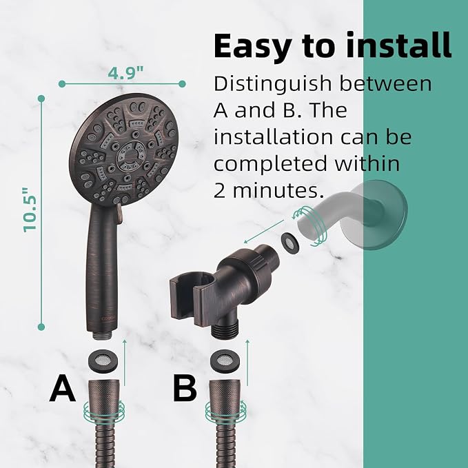 Cobbe 8-Setting Handheld Shower Head Bathroom Showerhead Set - Detachable Shower Heads with 5ft Stainless Steel Hose and Brass Swivel Bracket (ORB)