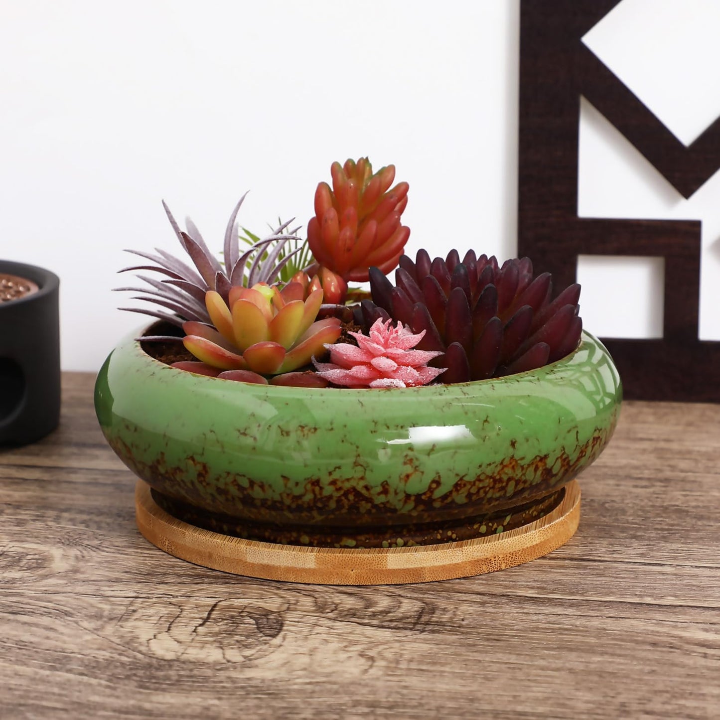 Kisangel Succulent Planters Ceramic Lotus Bowl 7.08 Inch with Drainage Hole and Tray Indoor Bonsai Pot for Cactus and Flower Plant Container Home Garden Decor
