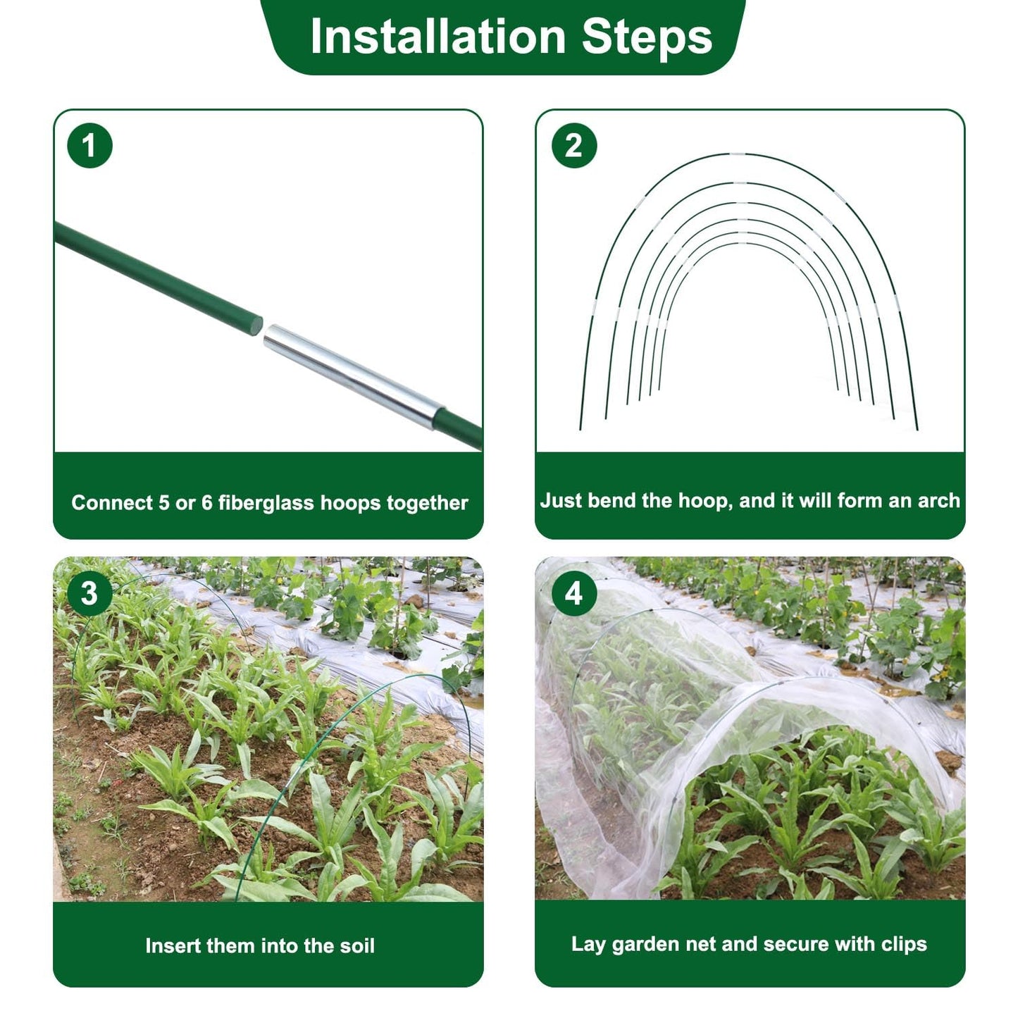 KLEWEE Garden Netting Kit for Raised Beds, 10 x 33 ft Ultra Fine Mesh Netting and 6 Sets Fiberglass Garden Hoops, Garden Bed Row Covers for Plants Vegetables from Animals Barrier Insects Bugs