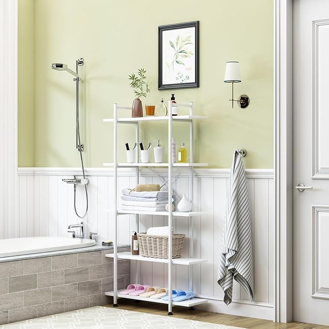 Bookshelf 5 Tiers White Wooden Storage Shelf, Modern Open Display Storage