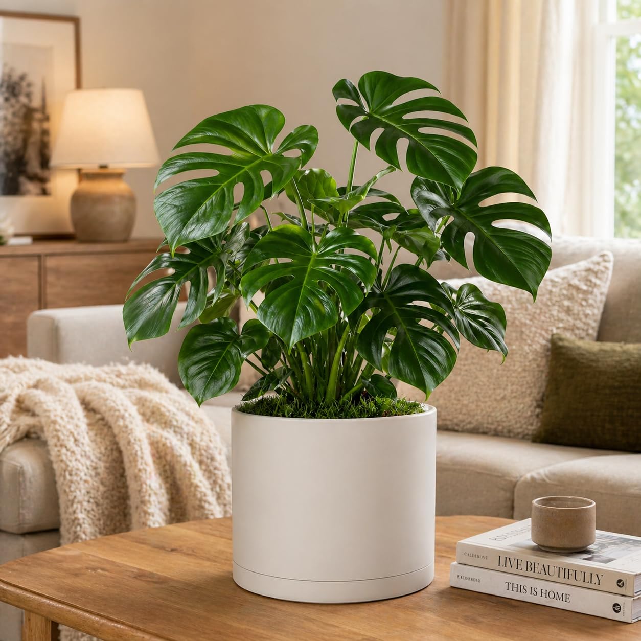 Giraffe Creation 10-Inch Round Cylinder Plant Pot, Modern Indoor/Outdoor Planter with Drainage Hole, Saucer & Water Reservoir, White