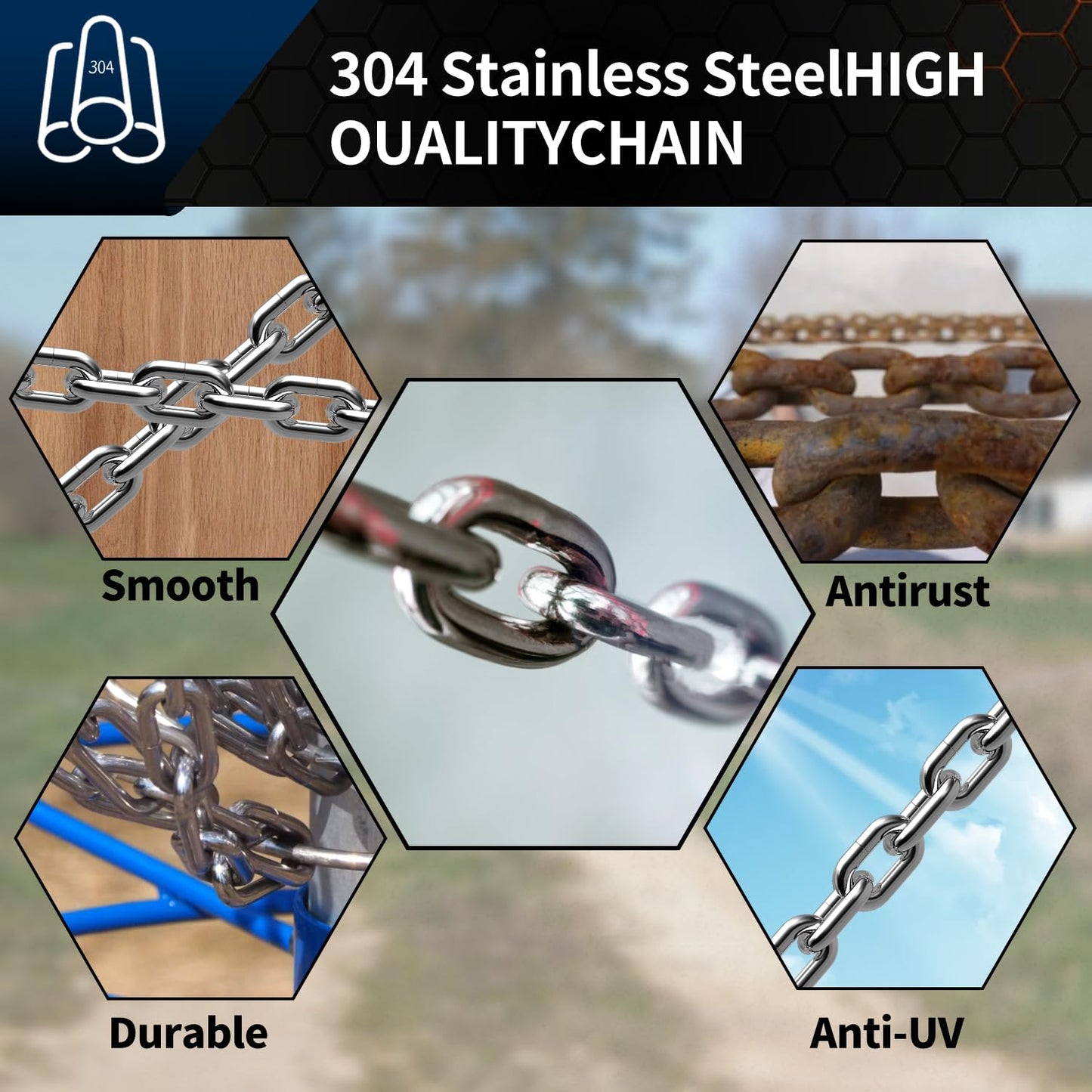 Stainless Steel Link Chain, 304 Stainless Steel Link Proof Coil Chain Heavy Duty Chains Hanging Safety Chain for Swing Plants Anti-Theft