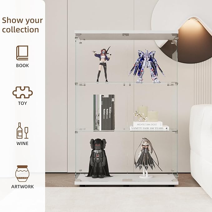 Display Cabinet with Glass Door and Lock, 3-Shelf Fast Installation Curio