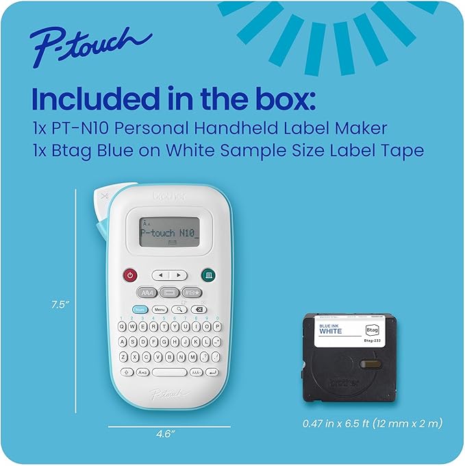 Brother P-Touch PT-N10 Personal Handheld Label Maker, Portable and Prints, P-Touch Btag ~½” (12mm) Wide Color Personalized Label Tapes, (Pack of 3)