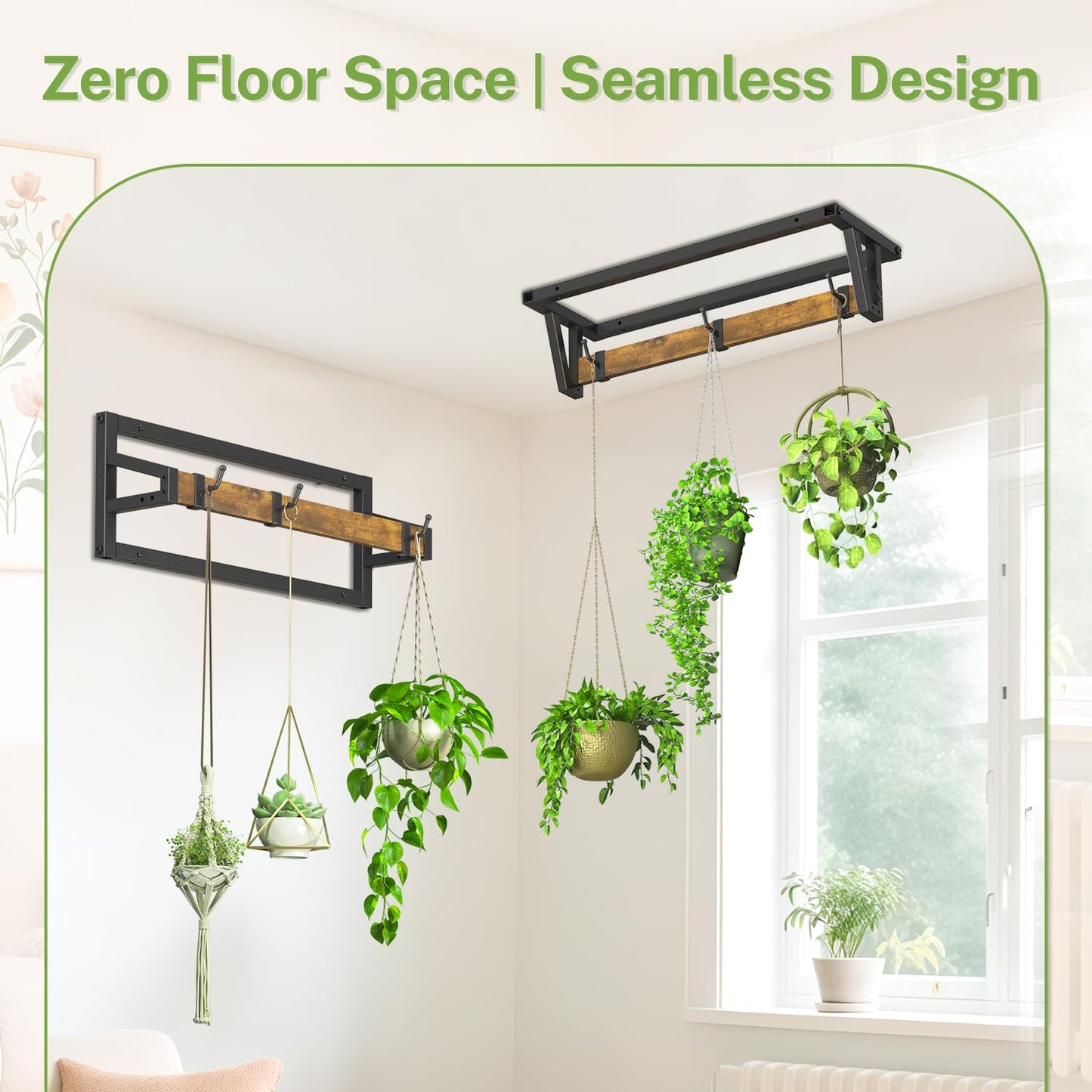 iDavosic.ly Plant Hanger Indoor Set of 2 for Wall & Ceiling, Metal and Wood Hanging Rod with 6 Hooks, Floating Flower Display Shelf for Window, Space Saving (Pots/Chains/Plants Not Included)