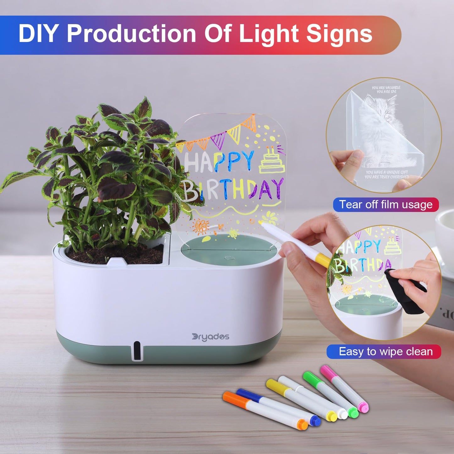 Self-Watering Planter with LED Note Board & 7 Colors Pen Acrylic Message Board with Light Acrylic Dry Erase Board, Led Cat Board Night Light with Planting Pot for Children's Day Gifts(No Plant&Seed)