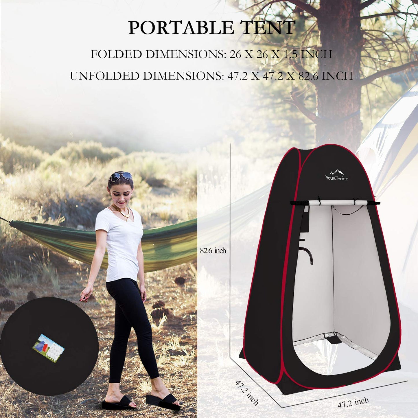 Your Choice XL Pop Up Privacy Shower Tent - Portable Changing Tent for Camping, Beach & Poolside - 82.6" Tall Double Storage Pockets & Carry Bag - Black
