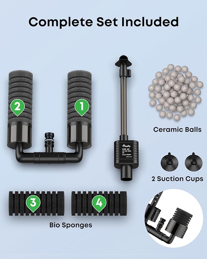Pawfly Aquarium Sponge Filter, 70 GPH Fish Tank Filter, 3 W Submersible Small Aquarium Filter with Water Pump, Double Foams & Ceramic Balls, Quiet Bio Sponge Filter for 10-40 Gallon Tanks