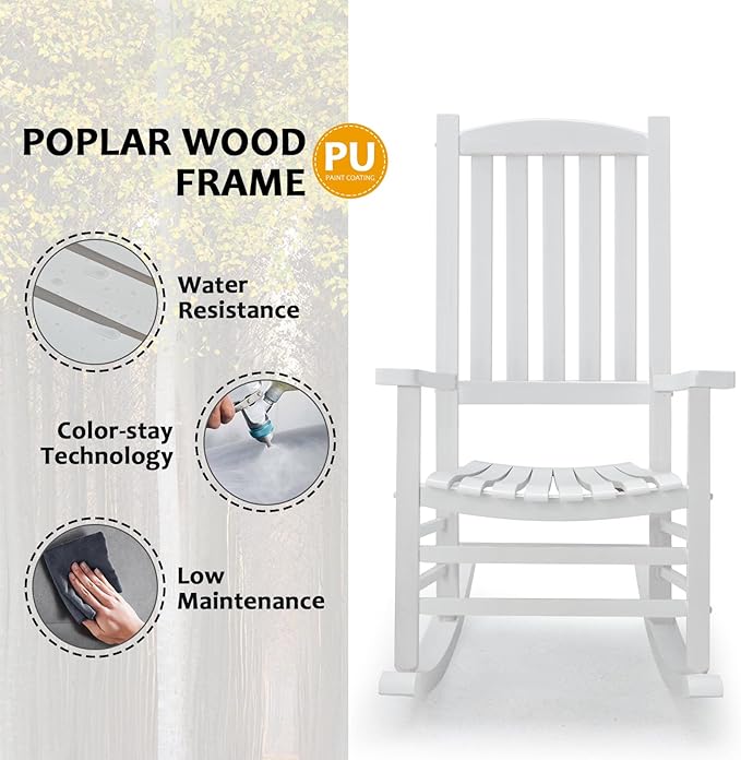 Hupmad Wooden Rocking Chair Outdoor Oversized Porch Rocker Chair, Patio Wooden