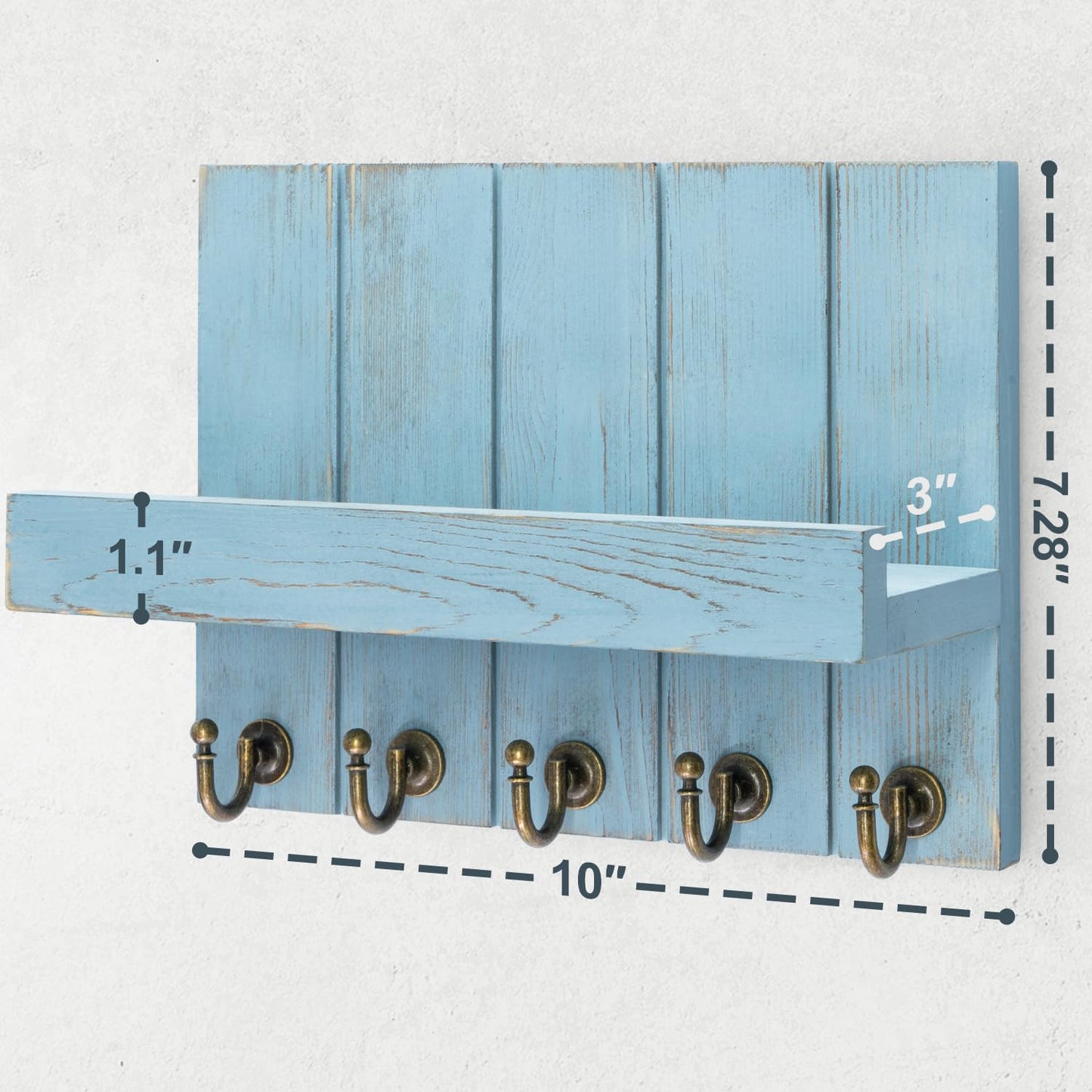 Rebee Vision Decorative Key Holder for Wall - Farmhouse Mail Organizer and Key Hanger Wall Mount for Floating Shelf with Hooks - Mid Century Home Decor Aesthetic (Distressed Blue,10-inch)