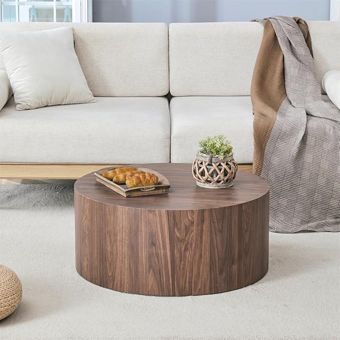Round Coffee Table, 23.6" Modern Wood Drum Coffee Table, Round Accent Center