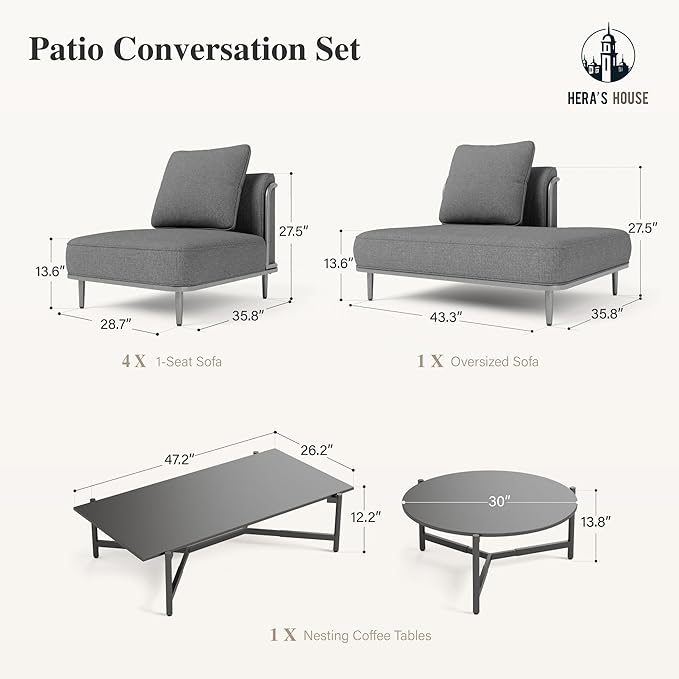 HERA'S HOUSE Metal Patio Furniture Set, Modular 6 Seats and 1 Nesting Coffee