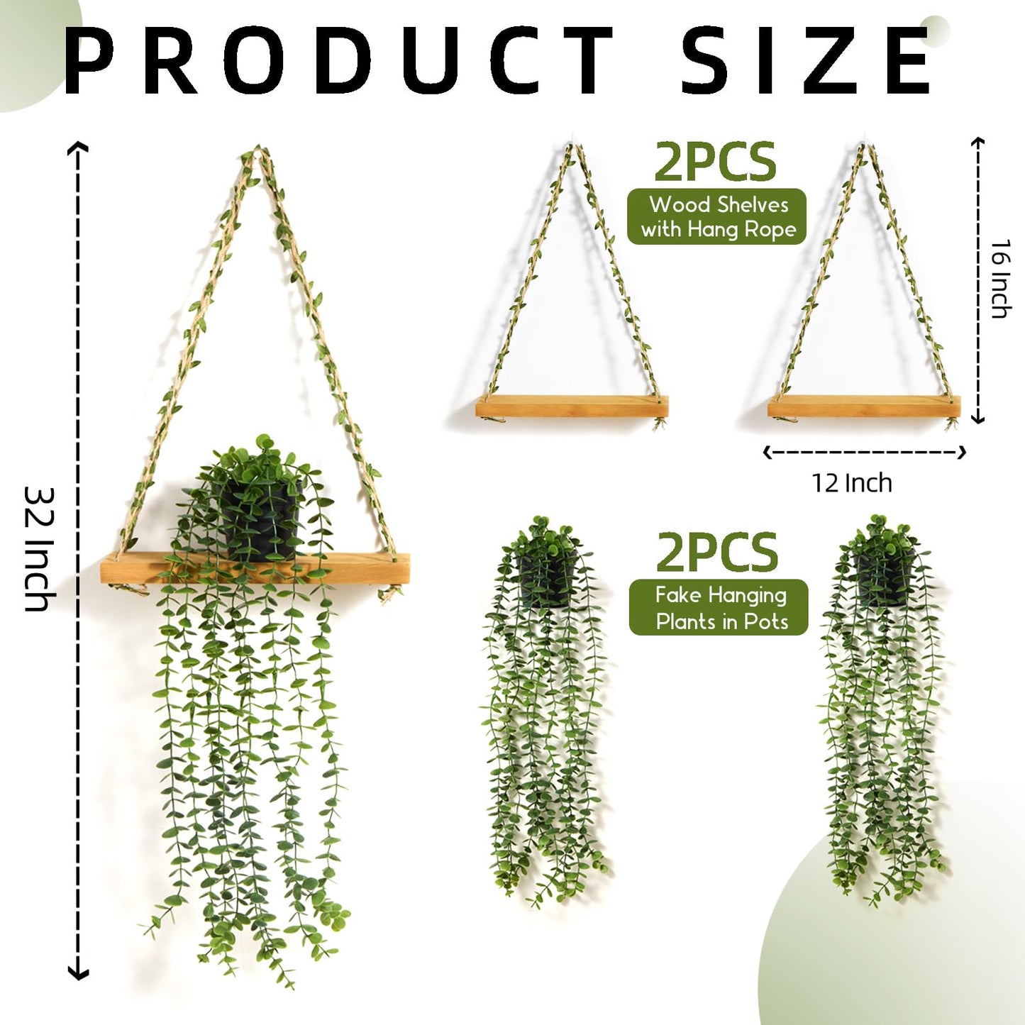 Mokof 2 Pack Wooden Hanging Shelves with Artificial Eucalyptus Plants Wall Decor for Living Room, Bedroom, Bathroom - Fake Hanging Plant and Wood Wall Shelf Set for Boho Farmhouse Home Decor