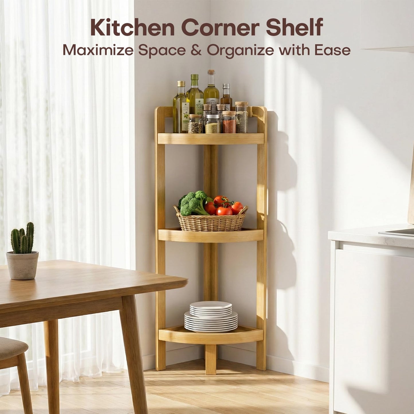 2026 New Bamboo Standing Shelf, 3 Tier Corner Shelf Stand, Free-Standing Shelf Units, Triangular Curved Corner Shelf Stand for Space-Saaving Display Ideal for Bathroom/Kitchen/Living Room Storage