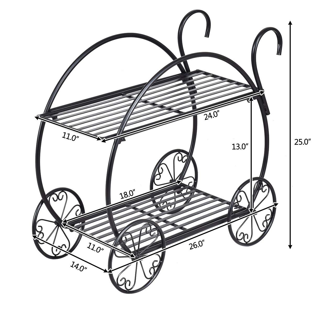 Giantex Garden Cart Metal Plant Stand with 4 Decorative Wheels, Succulent Collection Flower Pot Holder Display Shelf for Home Patio Garden Flower Shop, Parisian Style Plant Potted Rack (2-Tier)