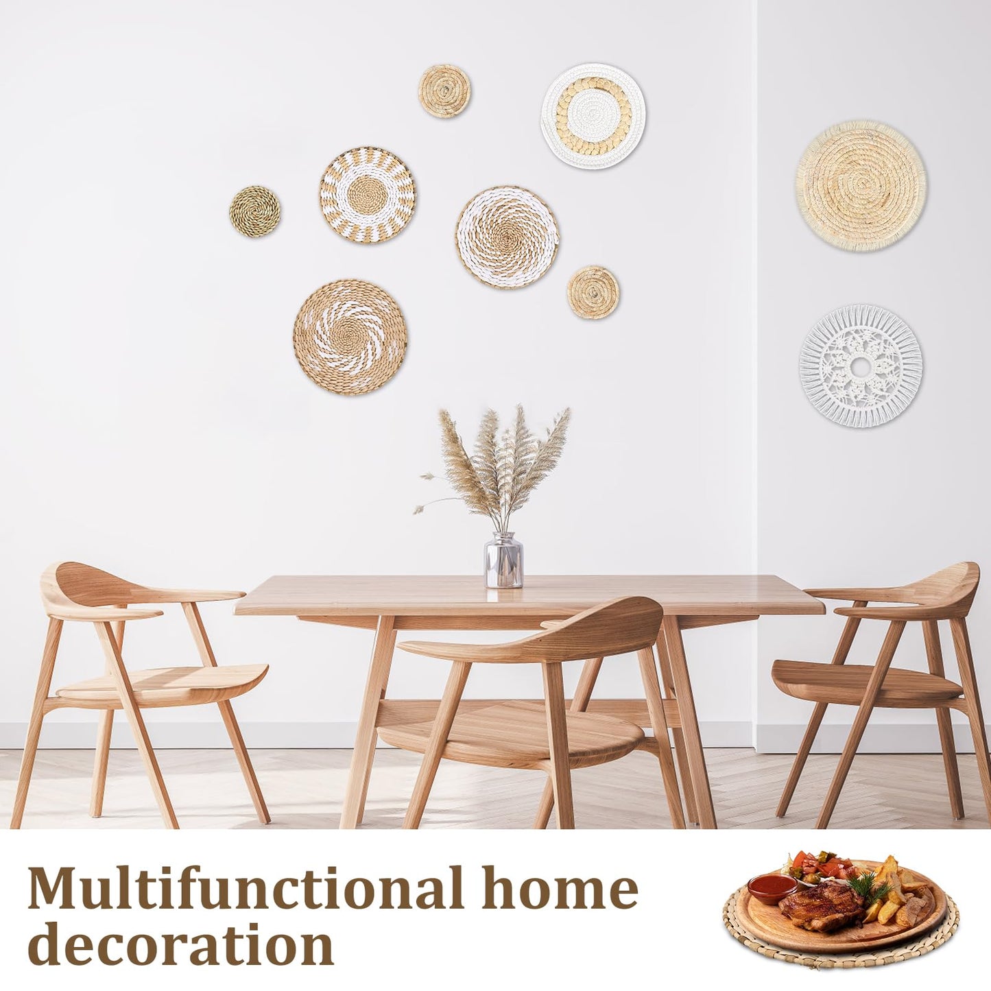 MJOGGOTT 9 Pcs Boho Wall Basket Decor Hanging Woven Wall Basket Art Decor Rattan Wicker Seagrass Home Round Tassels White Macrame Tapestry Baskets Decoration for Kitchen Home Farmhouse Decoration