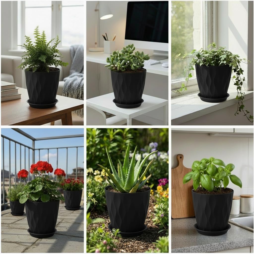LESOASIS Plant Pots 8 Inch, 6 Pack Plastic Flower Pots for Indoor & Outdoor Plants, Planters with Drainage Holes and Saucer, Garden Pot for Plants(Black)