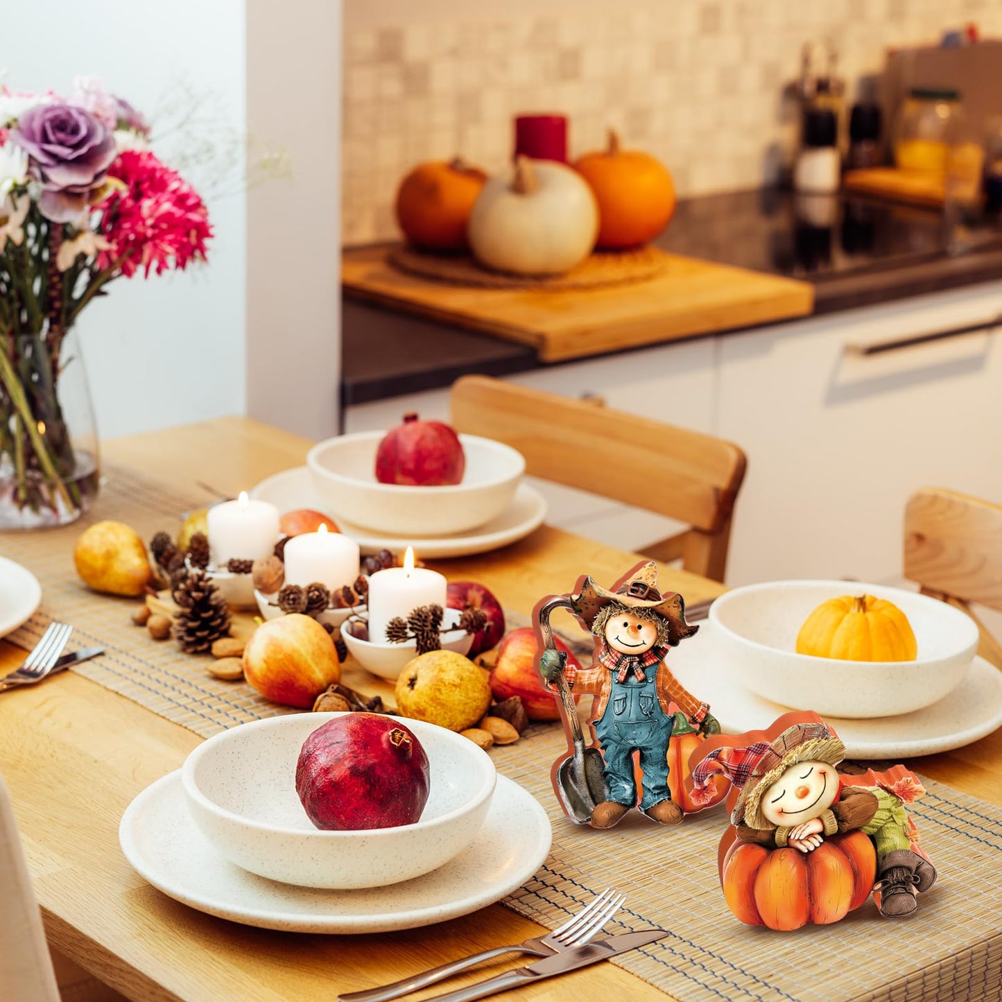DoubleFill 3 Pcs Fall Figurines Home Decor Harvest Scarecrow with Pumpkins Wood Figurines Thanksgiving Wooden Scarecrow Decorations for Fall Thanksgiving Home Office Party Table Decoration Gifts