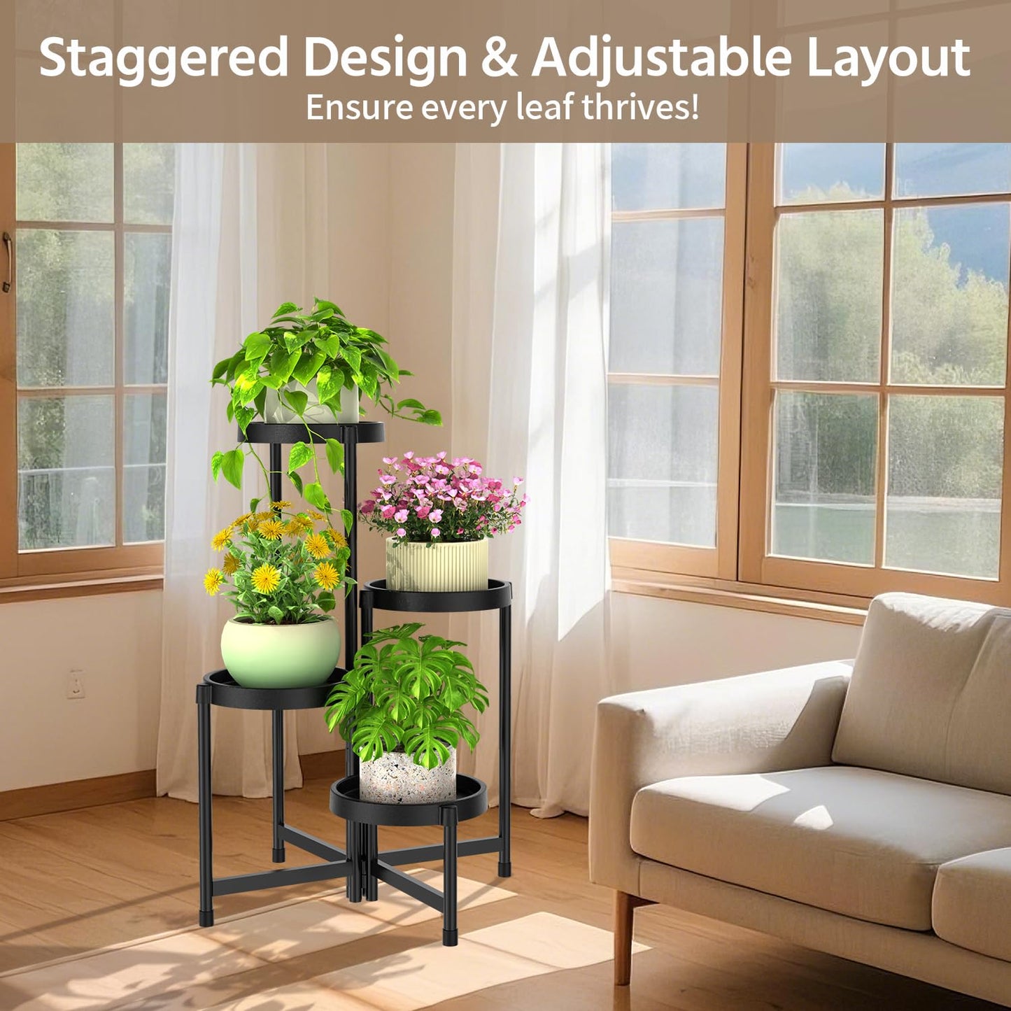 LASZOLA 4 Tiered Plant Stand Indoor Outdoor with Plastic Tray, Corner Folding Tall Flower Display Rack, Modern Plant Holder Shelf for Outdoor Patio Porch Garden Office Living Room, Black