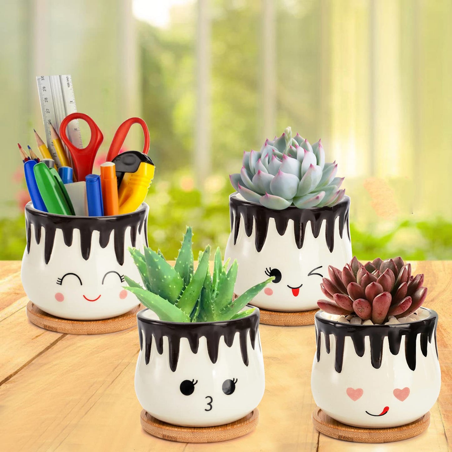 Hedume Set of 4 Succulent Pots with Bamboo Tray, 4 Inch Cute Hot Chocolate Ceramic Succulent Planter with Little Drainage Hole, Small Ceramic Plant Flower Pots for Home and Office Decoration