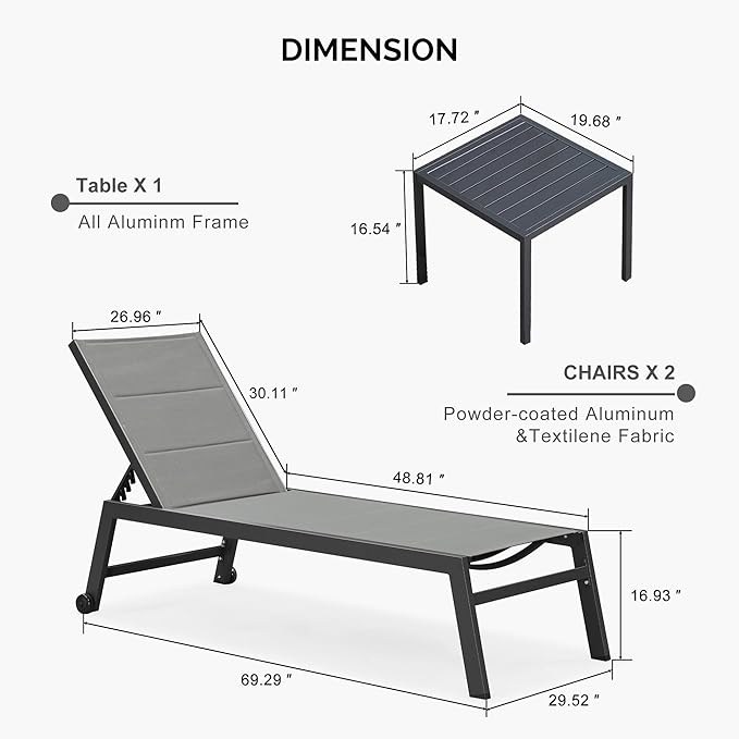 PURPLE LEAF Extra Large Outdoor Chaise Lounge 2 Pieces Aluminum Patio Lounge