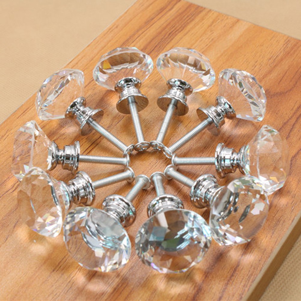 NORTHERN BROTHERS 10 Pack 30mm Crystal Cabinet Knobs, Diamond Glass Drawer Knobs with 3 Screw Sizes, for Dresser, Kitchen & Bathroom, Silver