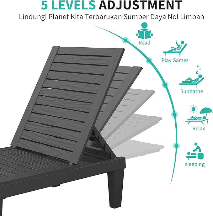 Outdoor Chaise Lounge Chairs Set of 2, 5-Position Adjustable Tanning Lounge