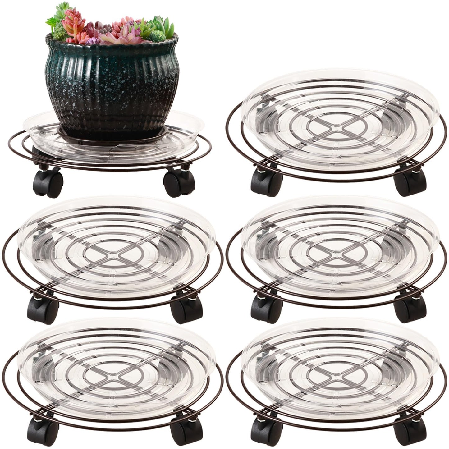 5 Packs Metal Plant Caddy 11.8" Plant Dolly with Wheels Heavy-duty Wrought Iron Rolling Plant Stand with Casters Indoor and Outdoor Plant Pot Movers Planter Rollers Coaster, Brown