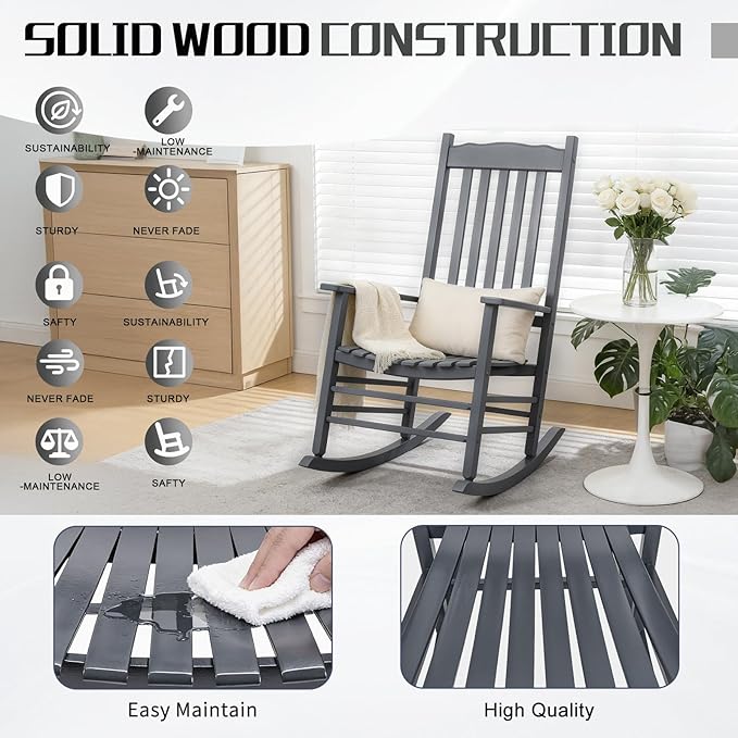 Outvita Outdoor Rocking Chair, Solid Wood High Back Rocker, All Weather Lounge
