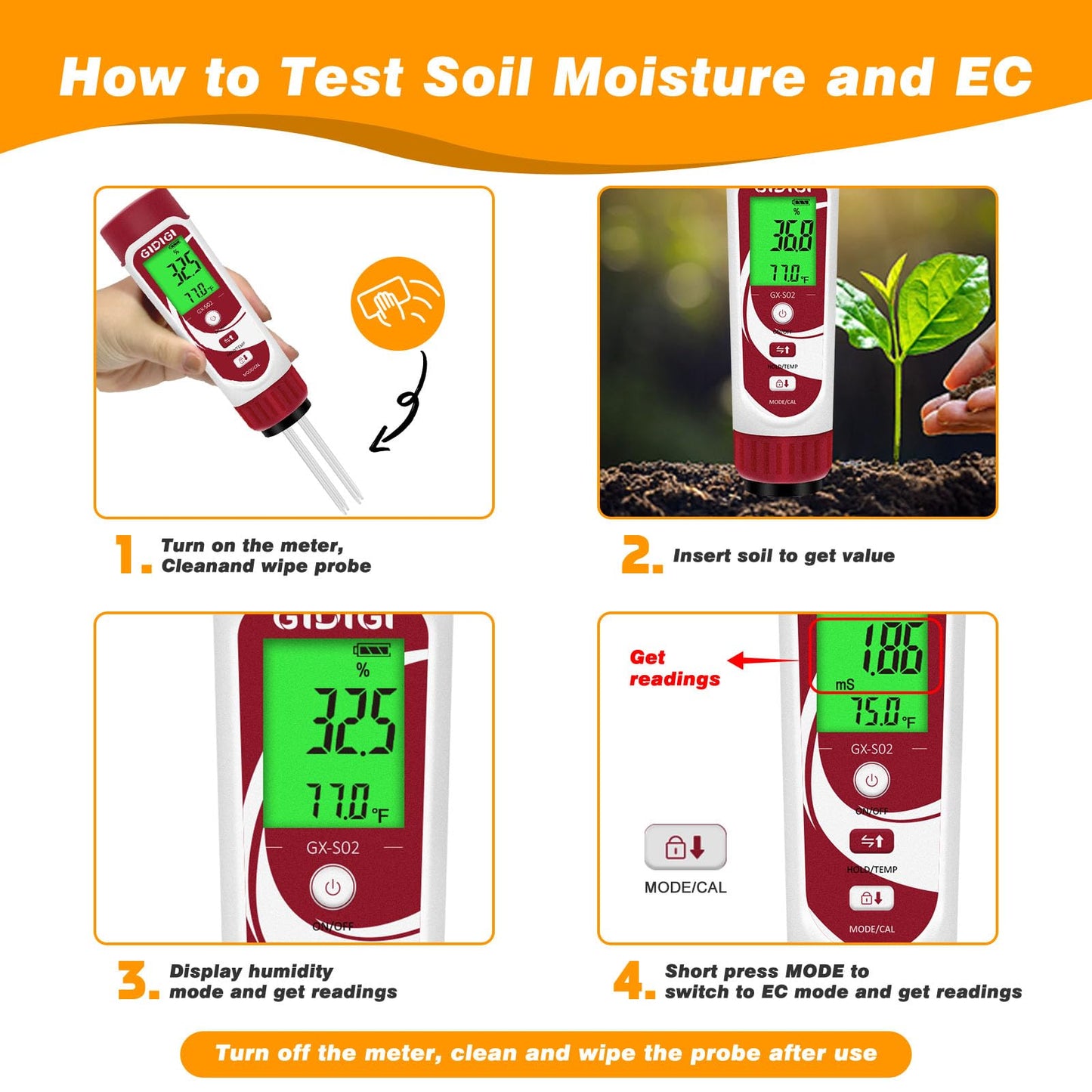 GIDIGI Moisture Meter for Plants, 3 in 1 Digital Soil Moisture Meter,Soil Moisture Meter and Soil EC Meter for Farms, Gardens, Orchards, Home Planting, Indoor Plants, Composting and Other Scenarios