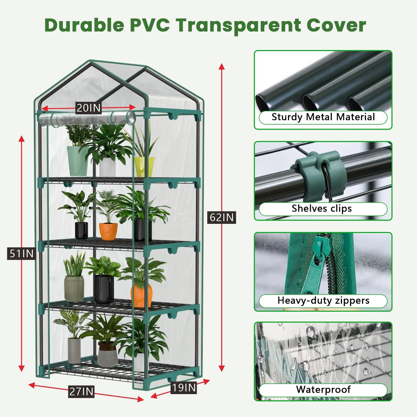 i-SUNSHORE Indoor Greenhouse with Grow Lights, 4 Tier 27" L×19" W×62" H Mini Greenhouse with Zippered PVC Cover for Seed Starting Trays, Dimmable 2FT 60W Plant Light for Indoor Plants with Timer