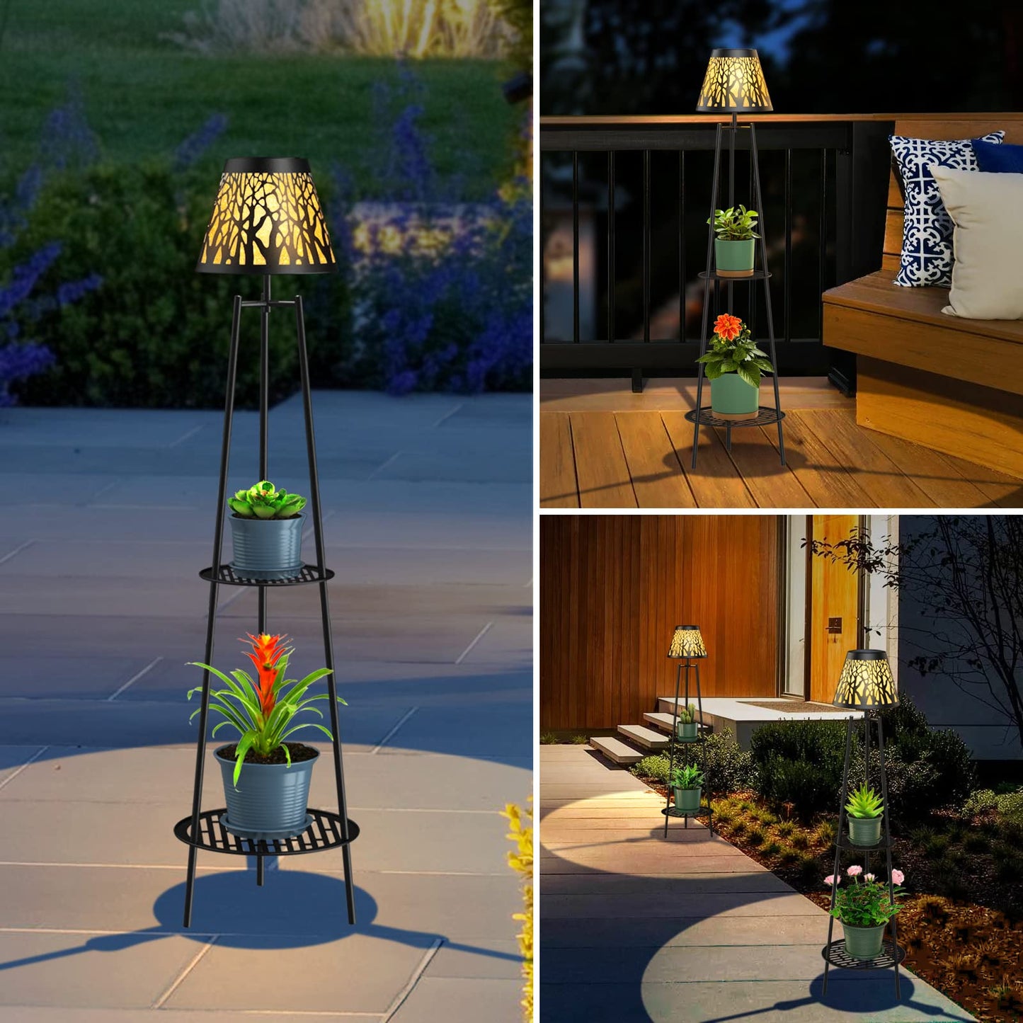 MXwcy 2-Tier Solar Plant Stand with Light, Outdoor Waterproof Floor Lamp with Tree Branch Cutout Lampshade, Tall Metal Planter Holder Display Rack for Patio, Porch, Garden, Balcony Decor (2 Pack)