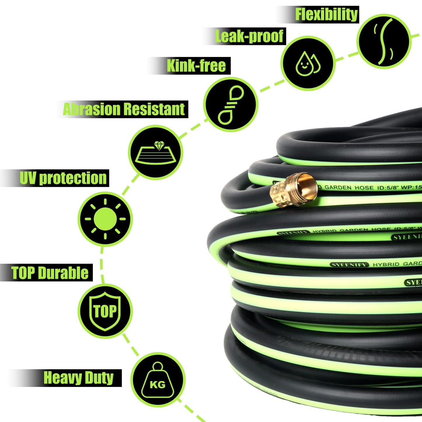 SYEENIFY Garden Hose 75ft 5/8", Heavy Duty No Kink Water Hose, No Tangle Flex Rubber Garden Hose for Lawns,Floor,Yard Washing,Pet Cleaning