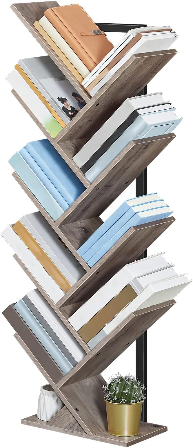 HOOBRO Tree Bookshelf, 9-Tier Bookcase Wooden Shelves, Floor Standing Storage