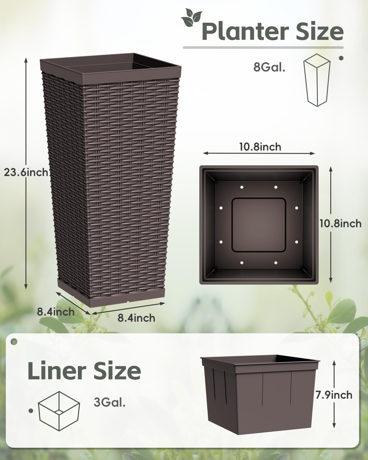 Greesum 23 Inch Tall Plastic Planters (Set of 2), Large Outdoor Flower Pots with Detachable Inner Pot & Drainage Holes for Plants, Trees, Patio, and Garden, Brown