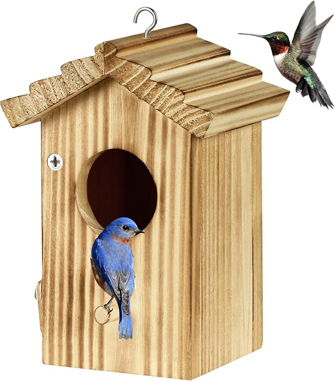 Hummingbird House for Outside Hanging - Small Bird Nesting Box for Hummingbird - Natural Wood Birdhouse with Perch - Outdoor Garden Decor & Bird Lover Gift (Dimensions 4.1*3.3*5.9 inch)
